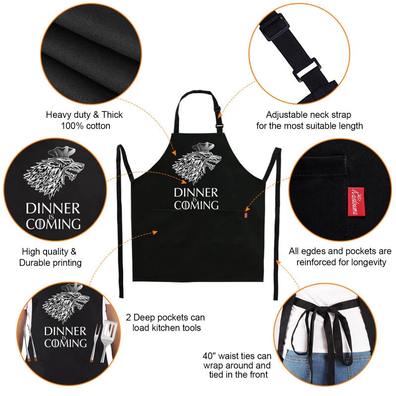 ALIPOBO Grill Aprons for Men Women, Dinner is Coming Kitchen Chef Apron with 2 Pockets and 40" Long Ties, Adjustable Bib Apron for Cooking, BBQ, Baking, Gardening, Black - Image 3